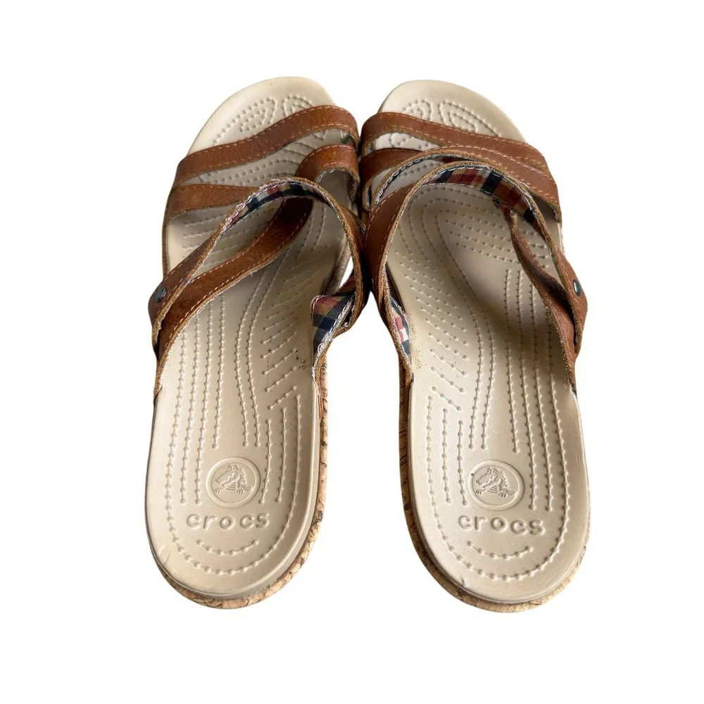 Crocs A-Leigh Cork Wedge Sandals Brown Leather Strap Slip On Slide Women's Sz 10